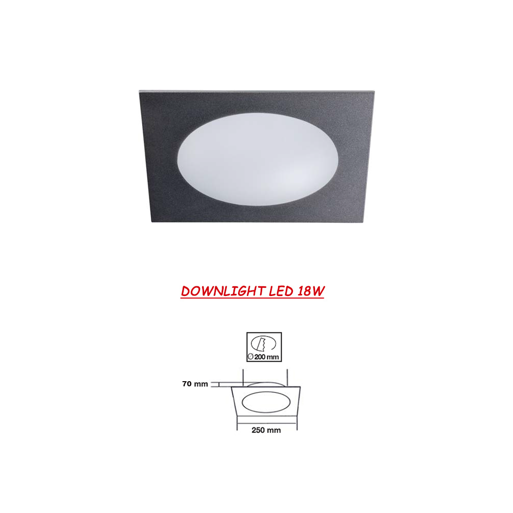 Downlight LED cuadrado Cristal Gris Metálico 18W