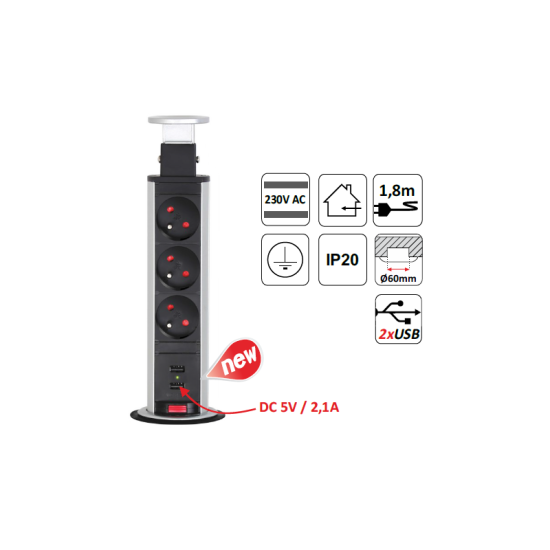 Torreta enchufes+USB extraíble-telescópica 230V